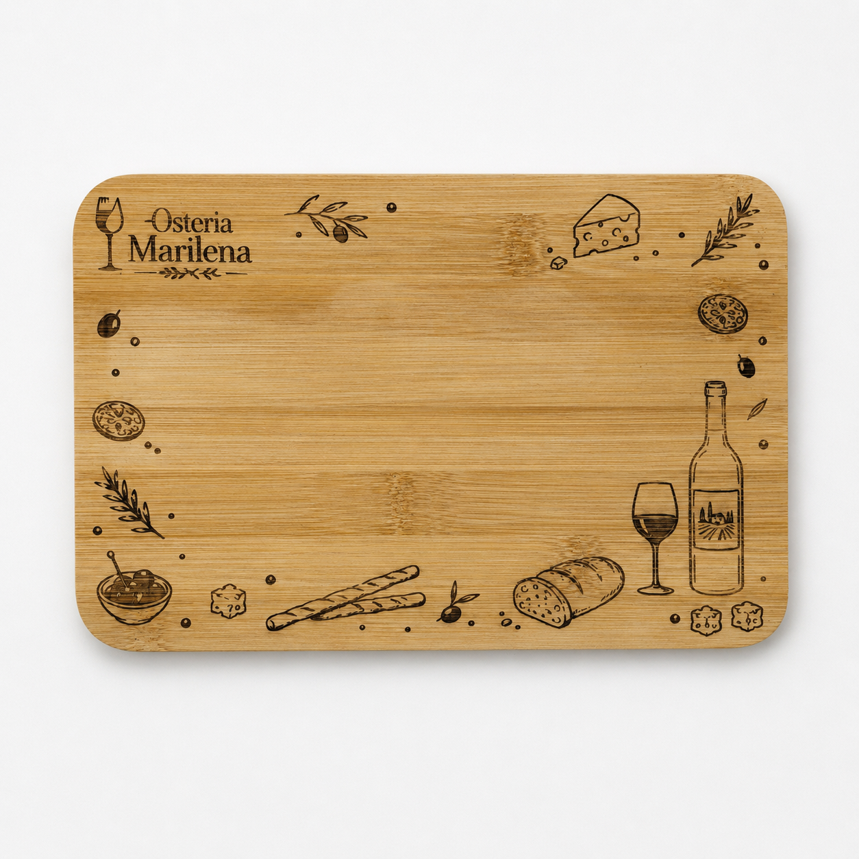 Tagliere in bamboo inciso per Osteria Marilena